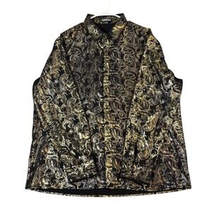 ZEROYAA Mens XXL Black Gold Metallic Paisley Long Sleeve Button Down Party Shirt